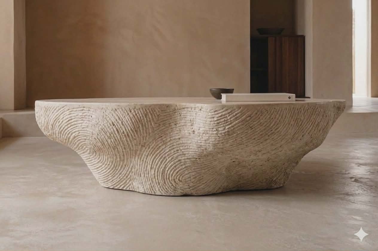 Table basse Spirale, stries concentriques sculptées à la main
